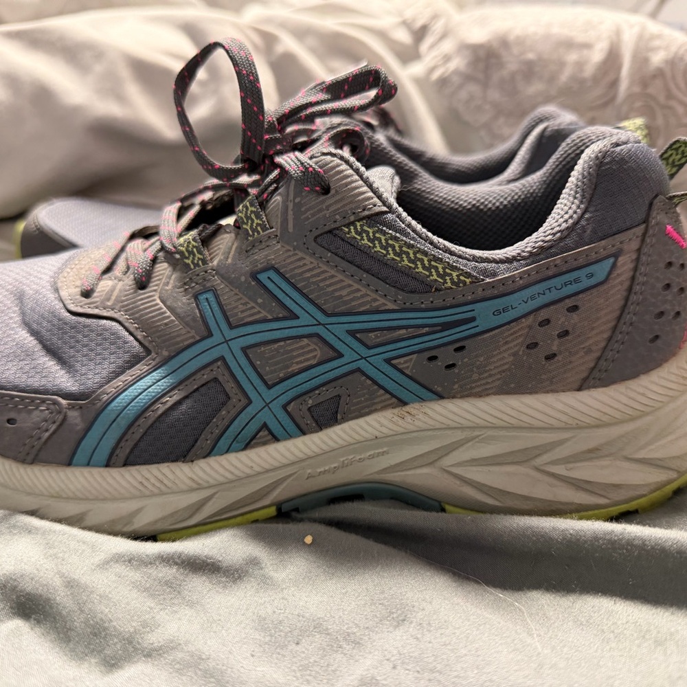 Asics Gray and Blue GEL-Venture Running Shoe with Pink Accents